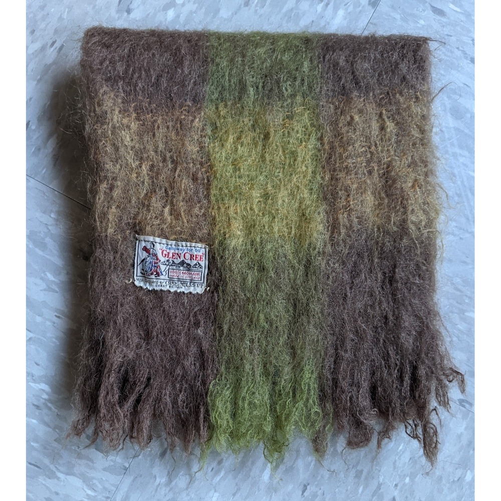 Vintage Glen Cree 100% Mohair Scarf Made in Scotland Plaid Brown Green 90s